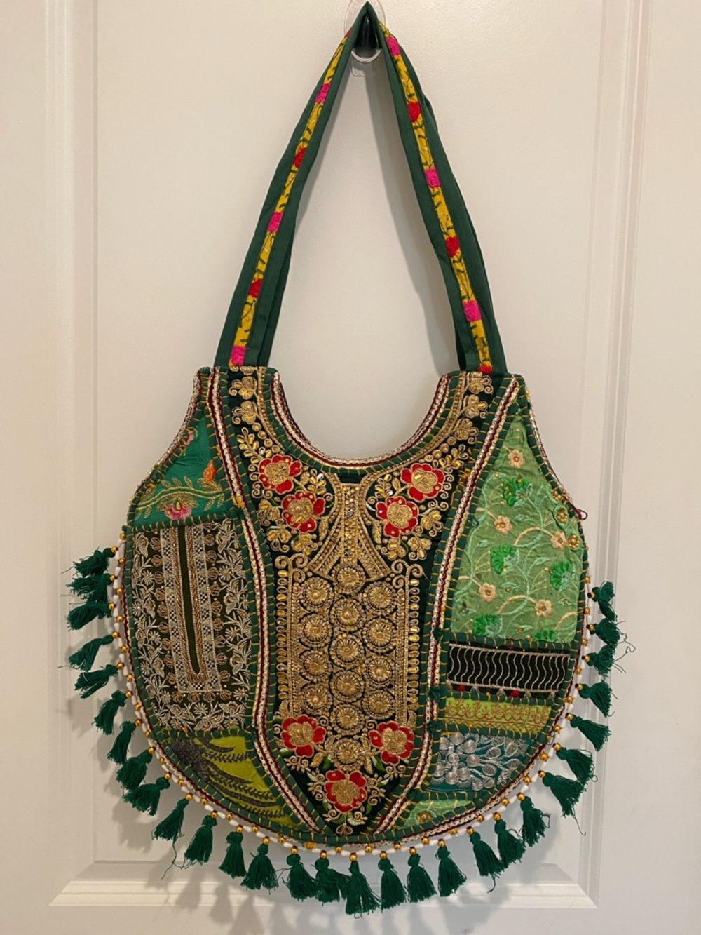 Embroidered Green Boho Tote Bag with Tassels